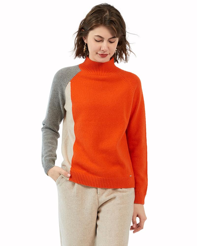 

Women's Sweaters Zhili Cashmere Splice Color Mock Neck Long Sleeve Sweater, Coral red