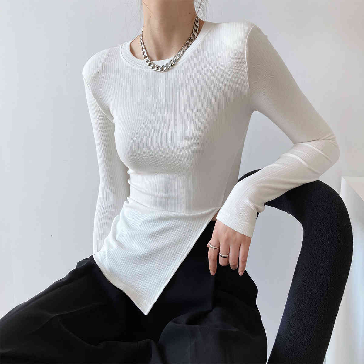 

Women's T-Shirt Sping Sexy Split Hem Shirts Long Sleeve O-Neck White Casual ops For Blusa 5OK, Gray