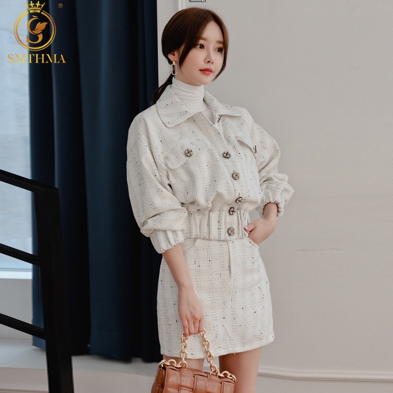 

Autumn Winter Suit Elegant Single Breasted Short Tweed Jacket Coat + High Waist Skirt Plaid 2 Piece Set 210520, Picture color
