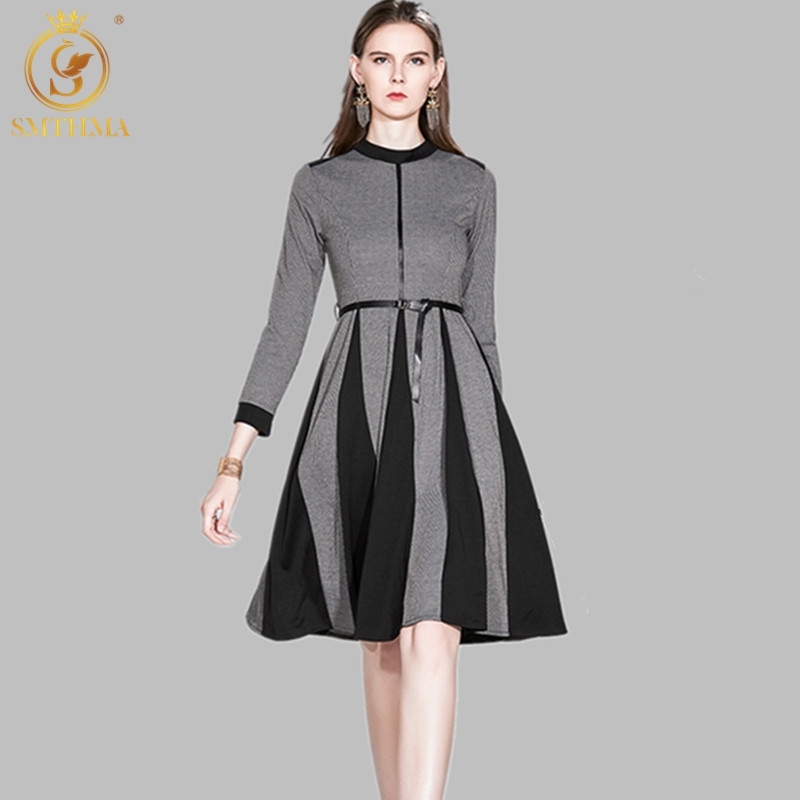 

Spring Houndstooth Dress Elegant Long Sleeve Slim Vintage Pleated es Wome Casual Party Vetidos Runway 210520, Photo color