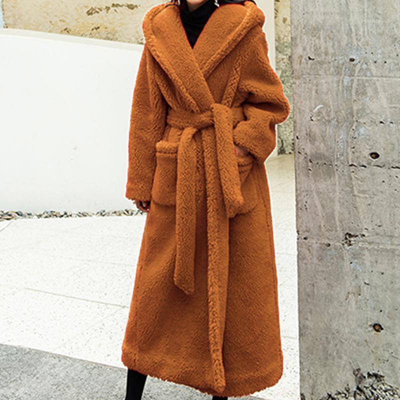 

Women' Wool & Blends Women Autumn Winter Warm Thicken Lambswool Coat With Belt Fashion Turn-down Collar Solid Color Long Overcoat Loose Out, Beige