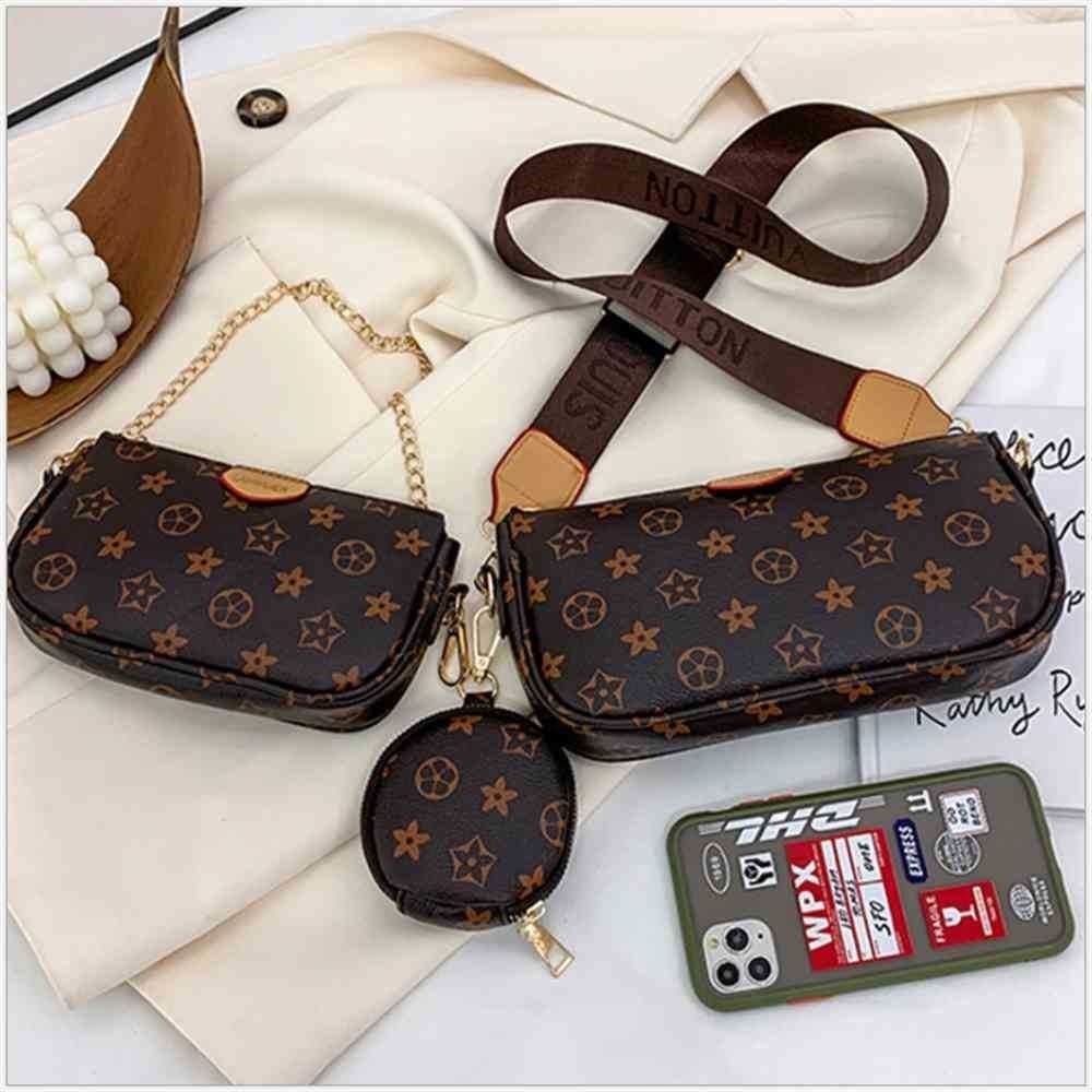 

3 piece Pack PU leather crossbody fanny pack + chain hand bag purses + circle round wallet coin bags set single shoulder woven belt strap multi-purpose bags G77TSMZ, Coffee