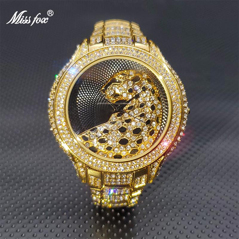 

Wristwatches MISSFOX Gold Watch Luxury Style 3D Leopard Sunburst Black Dial Imitation Diamond Watches Man Jewelry Couple Gift Drop, Slivery;brown