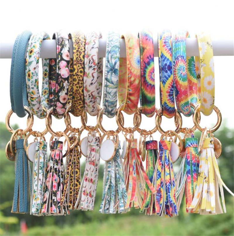 

69 Styles Keychain Jewelry Sun Plant Flag Dyeing Pattern Pu Leather Wrap Tassels Bracelets Wristlet Round Bangle Key Ring, Remark number