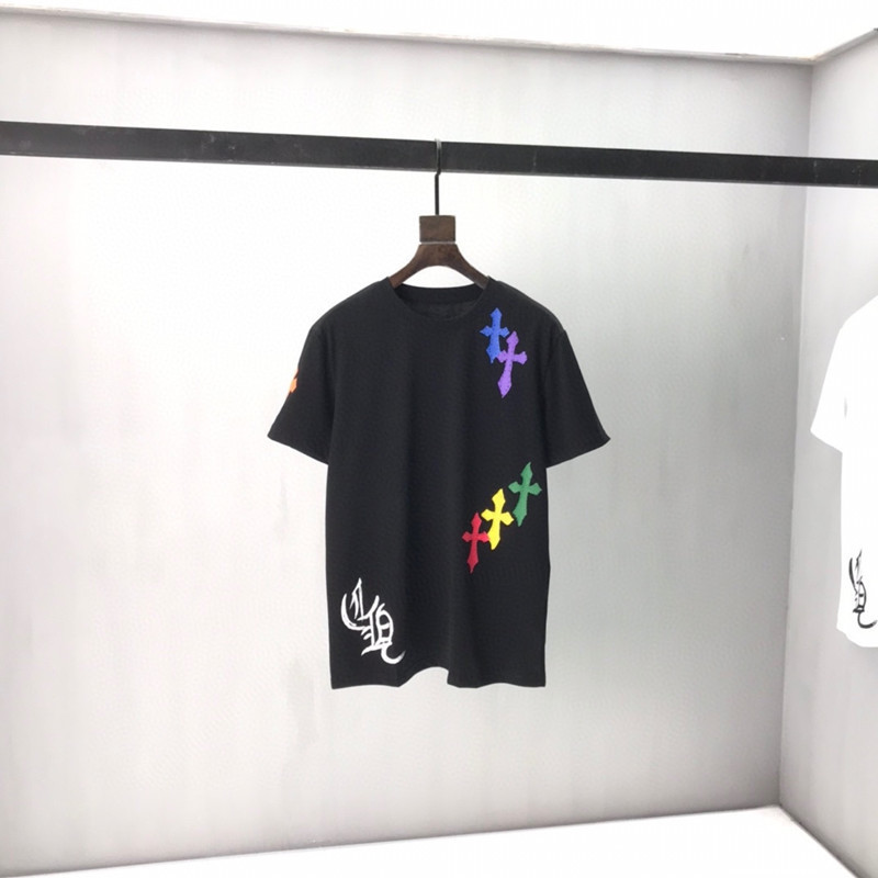 

Trendy brand new color hand chaCro painted cross Sanskrit loose cotton short sleeve round neck T-shirt for men, White;black