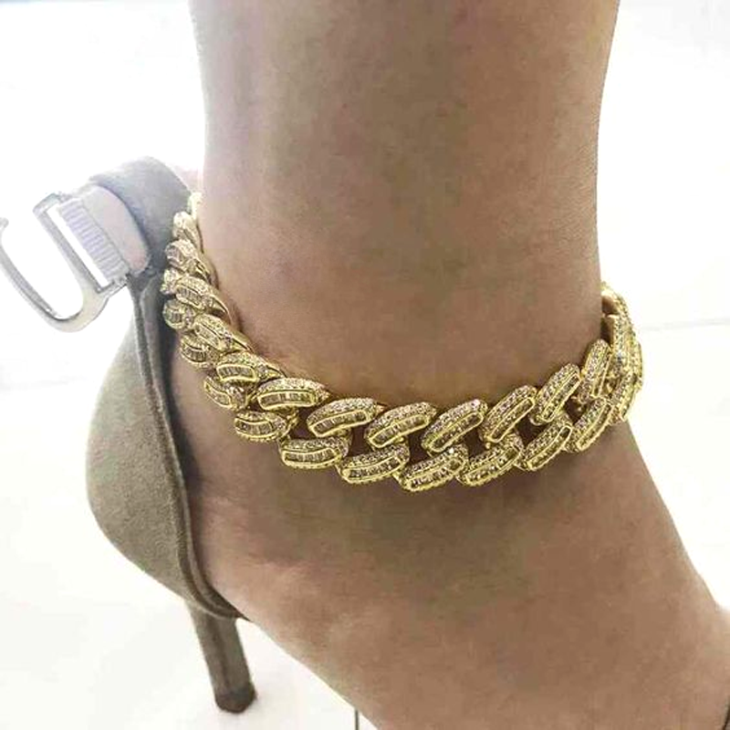 

High Quality 5A Clear Cz Women 15MM Leg Chain Baguette Cubic Zirconia Link Chain 9 10 Gold Silver Color Cuban Chain Anklet