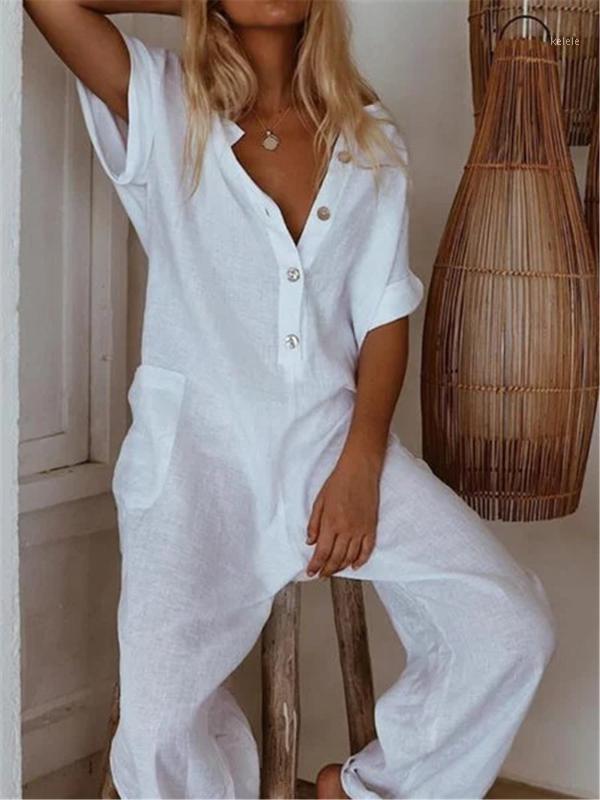 

Women's Jumpsuits & Rompers Button Up Wide Leg Jumpsuit Sexy V-neck Short Sleeve Summer Oversize Long Pants Hip Hop Loose White Overalls, Black;white