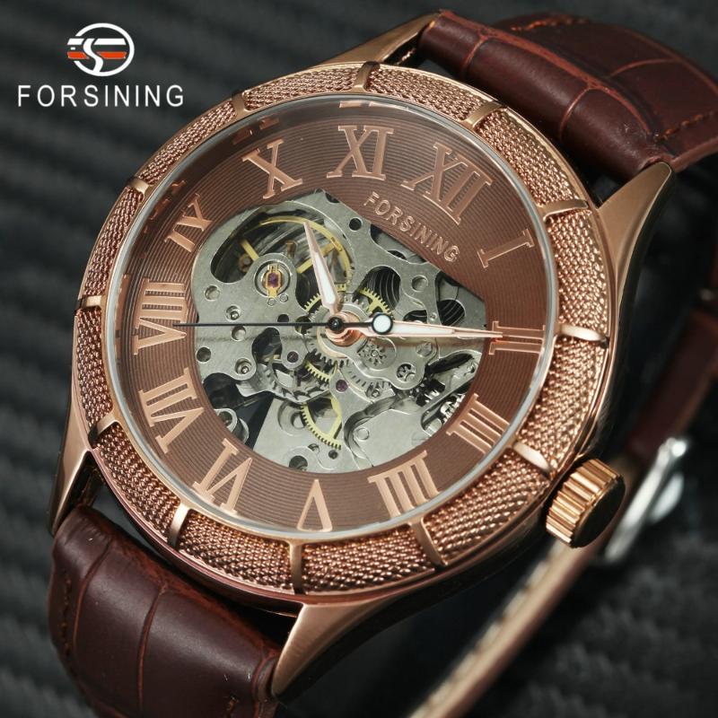 

Vintage Automatic Mechanical Watch Men Leather Strap Skeleton Dial Mens Watches Top Relogio Masculino Wristwatches, Slivery;brown