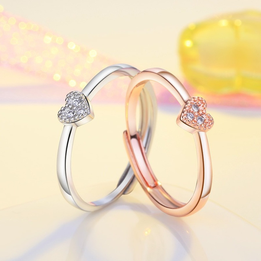 

Rose Gold Diamond Heart Ring Band Finger Adjustable Open Silver Engagement Rings for Women Fashion Jewelry Will and Sandy