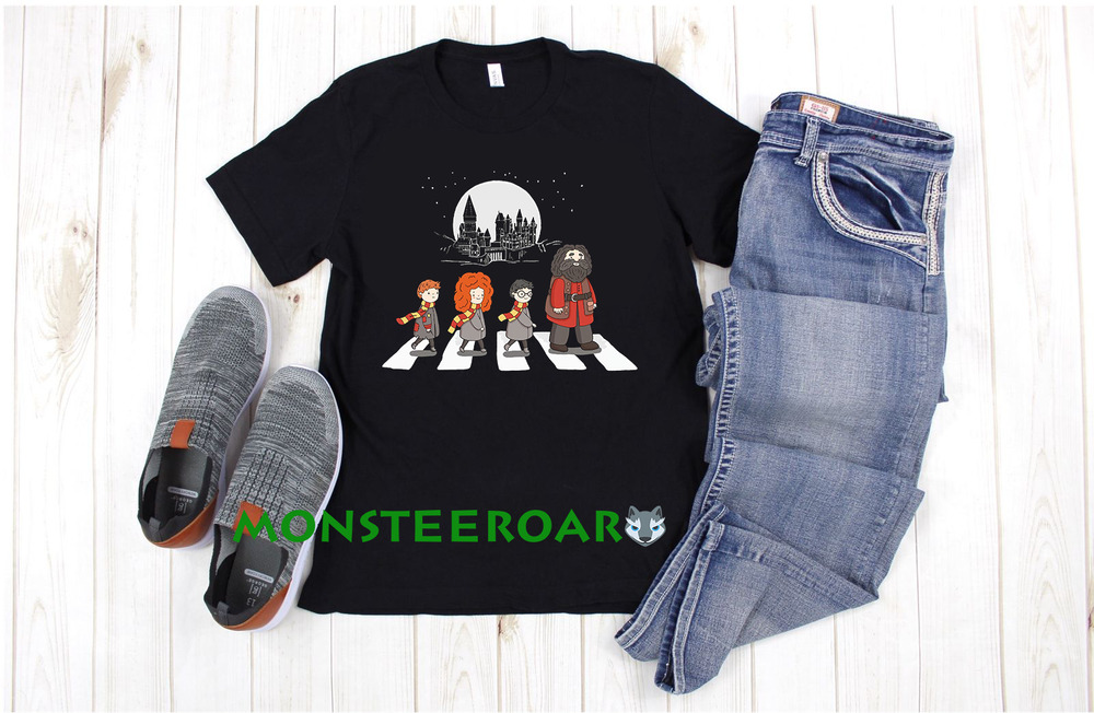 

Hogwarts Abey Road Harry Potter Wizard The Rock Music Mashup Black Tshirt, White;black
