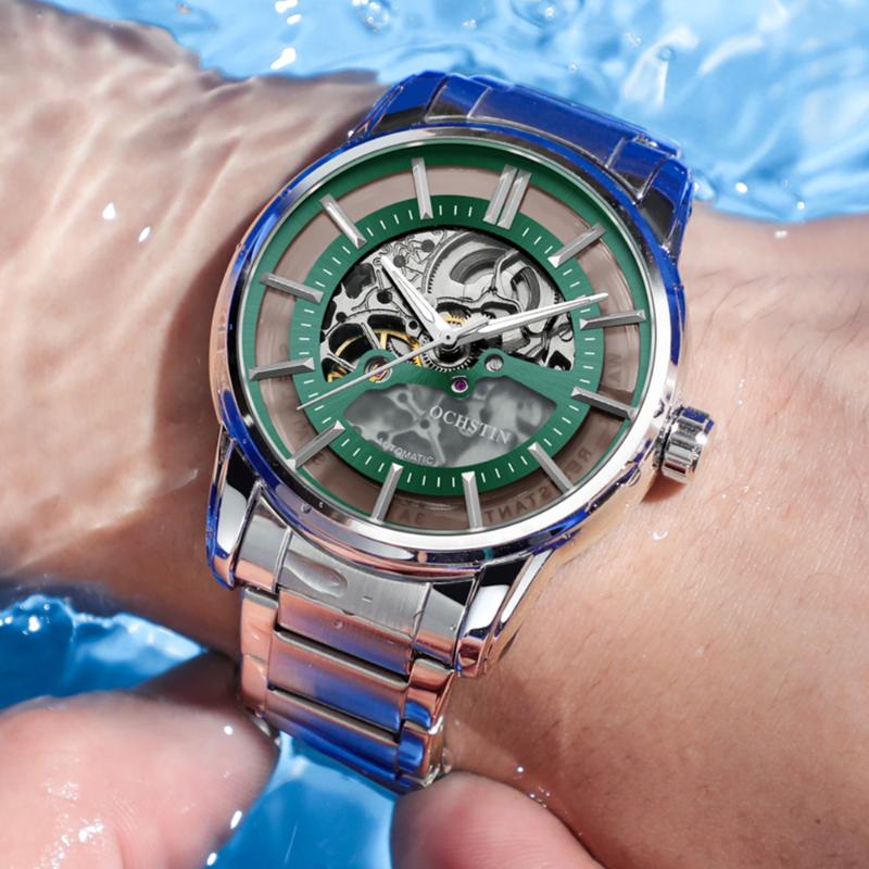 

Wristwatches 2021 OCHSTIN Luminous Mens Watches Bussiness Men's Watch Automatic Calendar Men Mechanical Stainless Steel Clock, L-golden gray