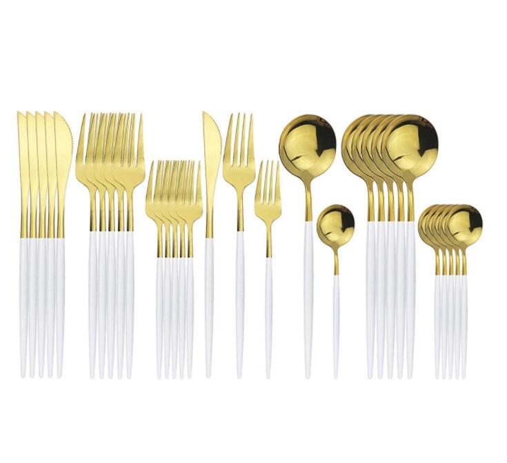 

30Pcs White Gold Cutlery Set 304 Stainless Steel Dinnerware Set Knife Dessert Fork Coffe Spoon Dinner Silverware Home Kitchen Tableware Set