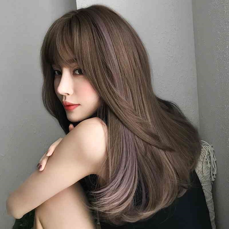 

Straight Brown Light Long Pink Highlights Hair Synthetic Wig With Bang For Women Latest Spring Autumn Wigs, C8273-1