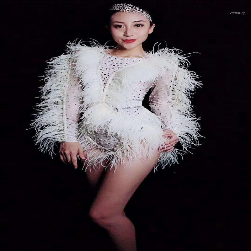 

Party Decoration X38 White Feather Female Bodysuit Stage Show Wears Full Diamonds Jumpsuit Perform Onesies Rhinestone Leotard Dress Clothes