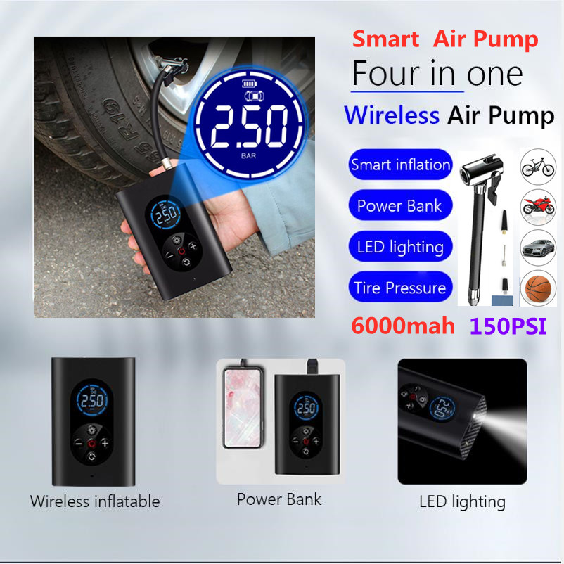 

150psi Rechargeable Air Inflator Pump with LED Lamp for Car Motorcycle Bicycle Tyre Tire Balls Smart Digital Inflatable Wireless Electric