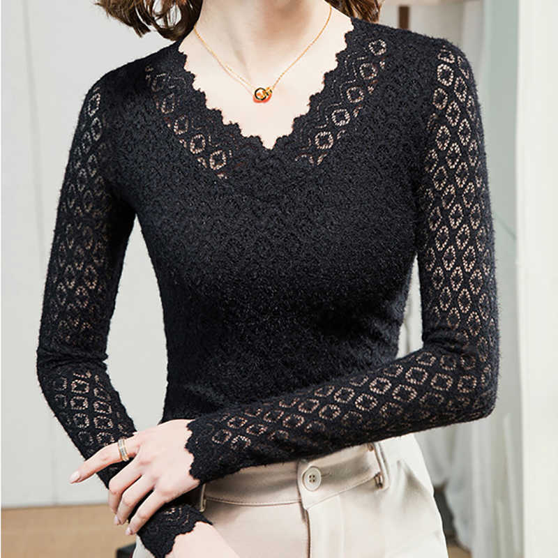 

Shintimes White Lace T Shirt Women Vintage Autumn Sexy Slim V-Neck Plaid Hollow Out T-Shirt Long Sleeve Black Womens Tops 210615, Apricott shirt
