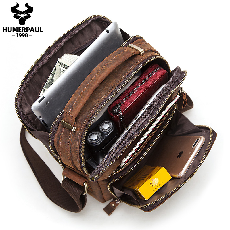 

Men's Leather Vintage Bolsos Quality Travel Crossbody Bags, Black