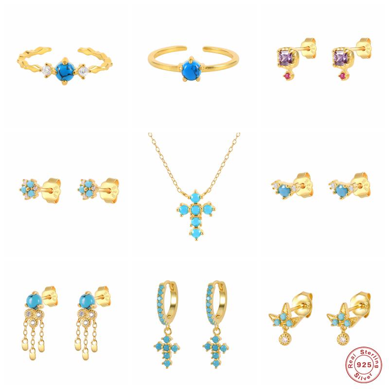 

Bracelet, Earrings & Necklace GS 925 Sterling Silver Blue Turquoise Collection Jewelry Set Cross Pendant Drop Round Zircon Charm Rings, Black