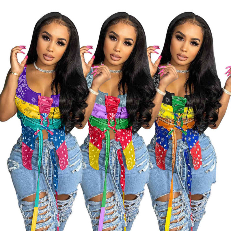 

Designer Women Vest Bandage Shirts Summer Sleeveless Color Matching Floral Sexy Mesh Perspective Tops Fashion Ladies Nightclub Clothing, White