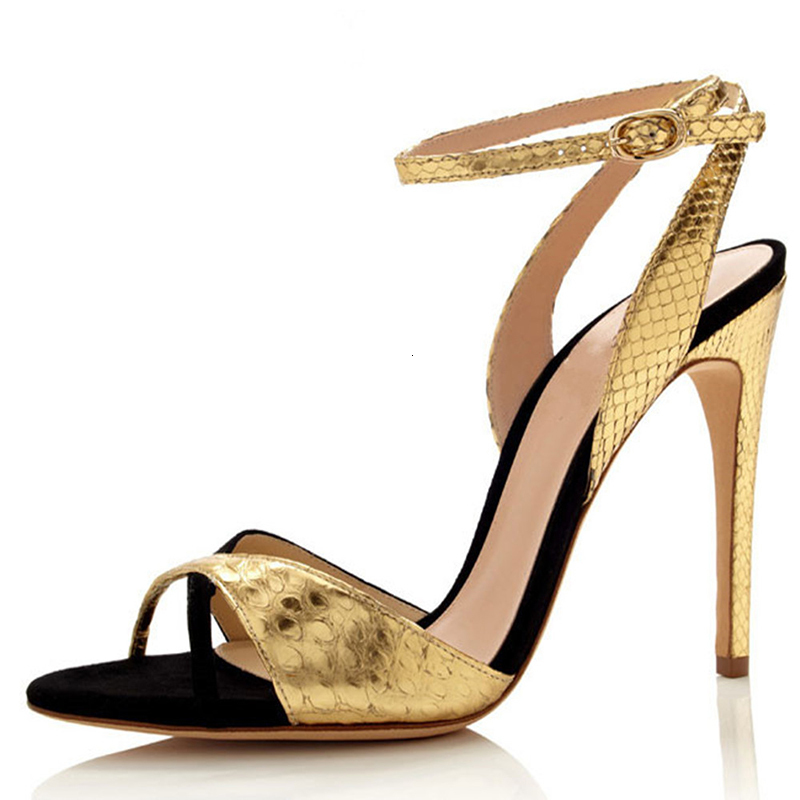 

Sandals 2021 Thin High Heel Women Cross Band Crocodile Pattern Leather Ankle Strap Mixed Color Sandalias Summer Sexy Party Shoes 8, Gold