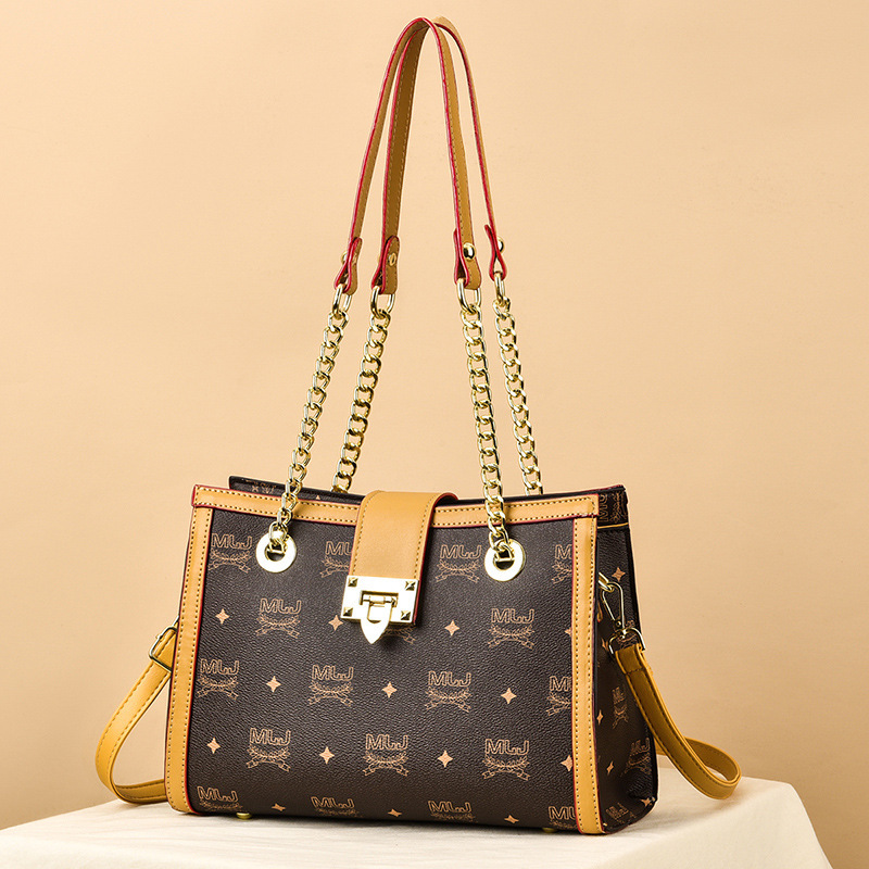 

Wholesale factory ladies shoulder bags fashionable and large-capacity printed Tote bag street personality gold buckle handbag retro contrast leather backpacks