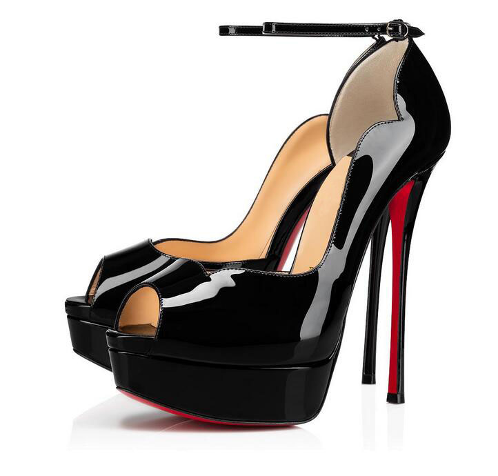 

[Original Box]Luxury Ladies Sandals Summer High Heel Red Sole Shoes Round Chick Alta Patent Leather Fish Head Nude Strap Buckle Banquet Evening Dress Party