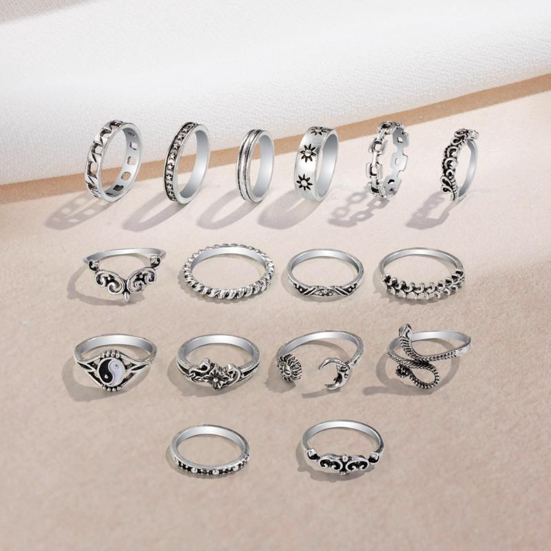 

Wedding Rings VKME 16pcs/Set Vintage Punk Silver Plated Snake Yin Yang Ring For Womens Gothic Steampunk Stars Sun Wave Sets Party Jewelry