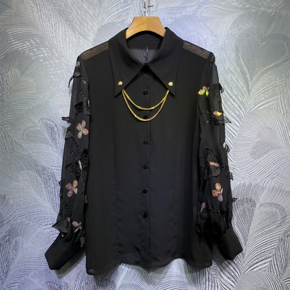

Women's Blouses & Shirts 2021 spring desginer of high quality women 70% silk chic butterfly embroidered black top c443