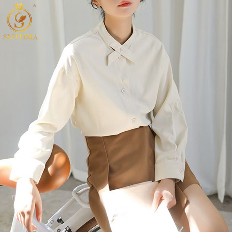 

Spring Stand Collar Shirts Womens Blouses Long Sleeve Ladies Solid Sweet Style Tops 210520, Picture color