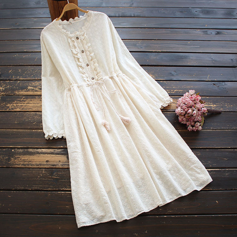 

Casual Dresses Lamtrip Unique Kawaii Ruffles Lace Eed Patchwork Drawstring Embroidery Long Sleeve Cotton 2021 Summer 9TXN, Beige