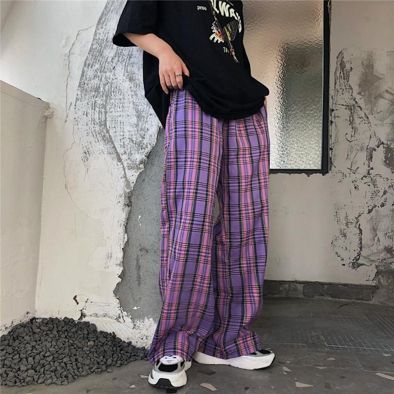 

Men's Pants Purple Plaid Hip Hop Men Women Casual Streetwear 2022 Spring Korean Male Straight Trousers Harajuku Unisex Clothing, Black