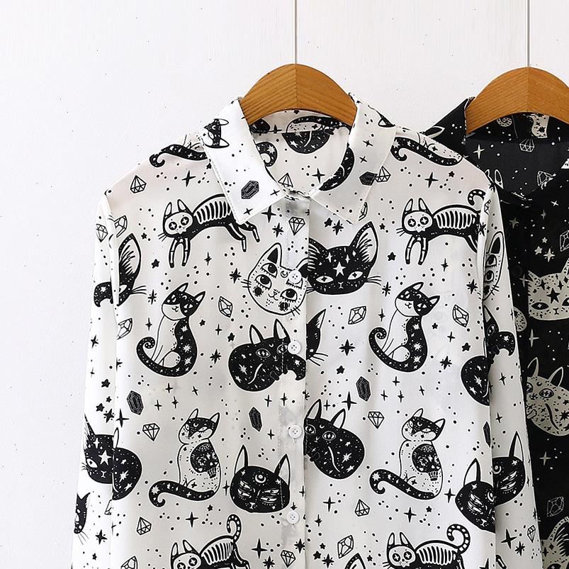 

autumn spring women blouses shirts black white cartoon cat print fashion slim long sleeve chiffon shirt female blusas mujer
