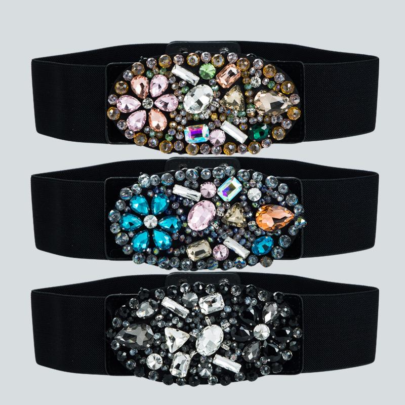 

Belts Diamonds Waistbrand Rhinestone Waist Seal Ladies Wild Handmade Crystal Beads Desinger Elastic Wide Belt, Black