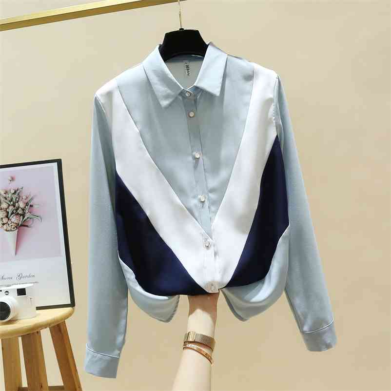 

Spring Autumn Shirt For Women Turn Down Collar Long Sleeves Patchwork Chiffon Shirts Tops Office Ladies Blouses 210519, Beige