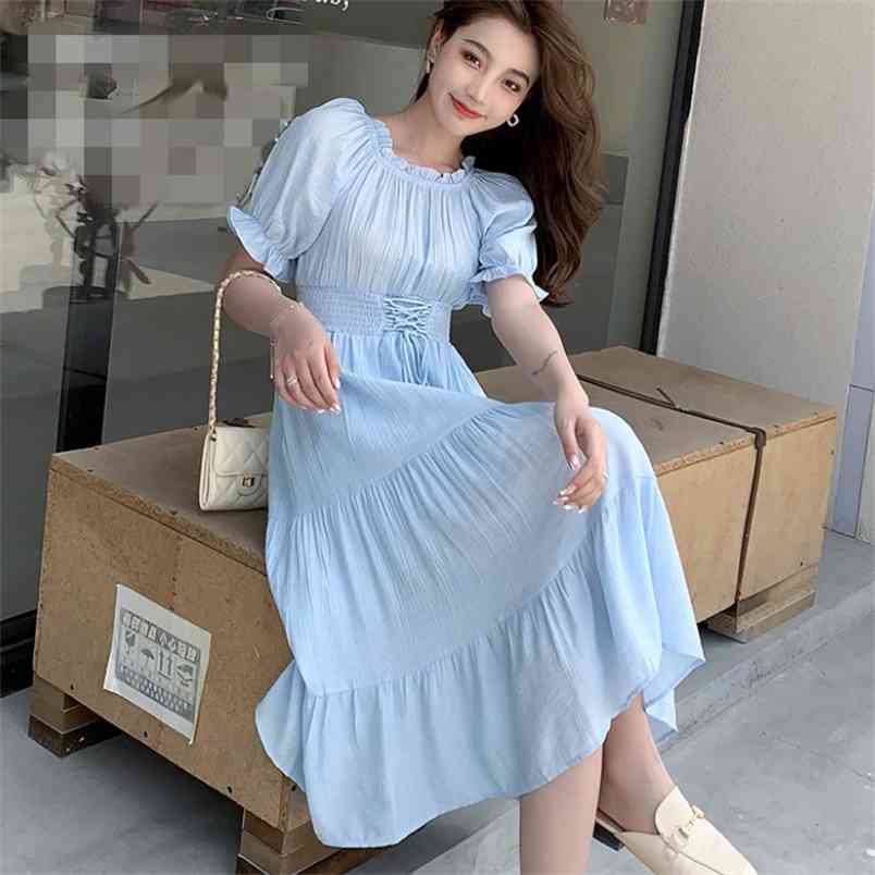 

French Women Summer Midi Beach Dress Fashion Sweet Puff Sleeve High Waist Lace Up Elegant Solid Woman Dresses Female 210519, Blue