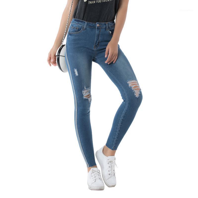 

Arrival Summer Style Female Fashion Sexy Ripped Hole Blue Solid High Waist Night Club Denim Pencil Pants Women' Jeans