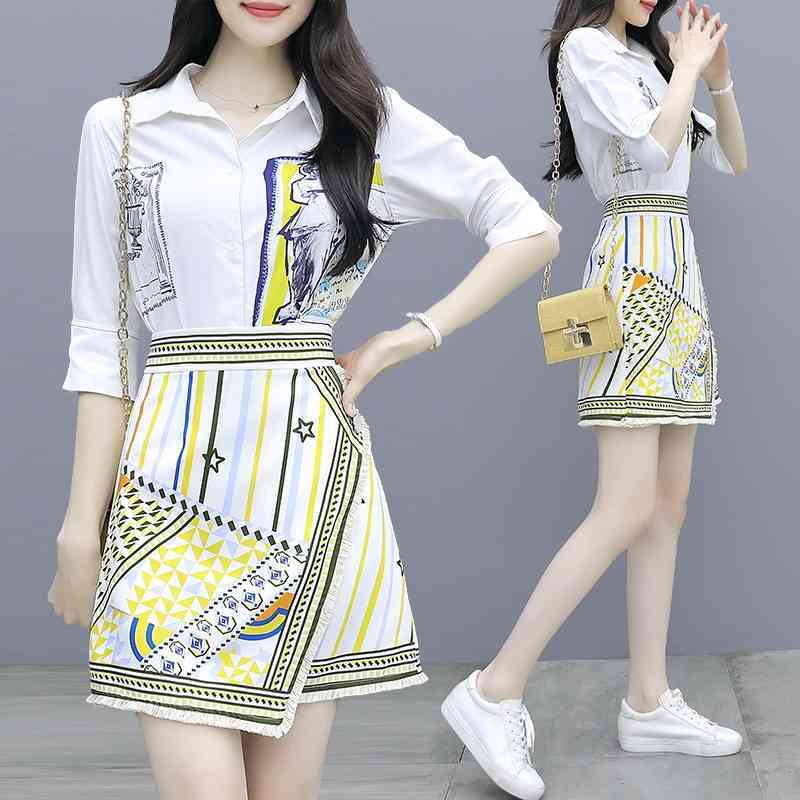 

Summer Folk Exotic Ethnic Customes Asymmetric Geometric Print Stitching Tassel Skirt +Print Long Cotton Shirt 2 piece Sets 210525, Shirt and skirt