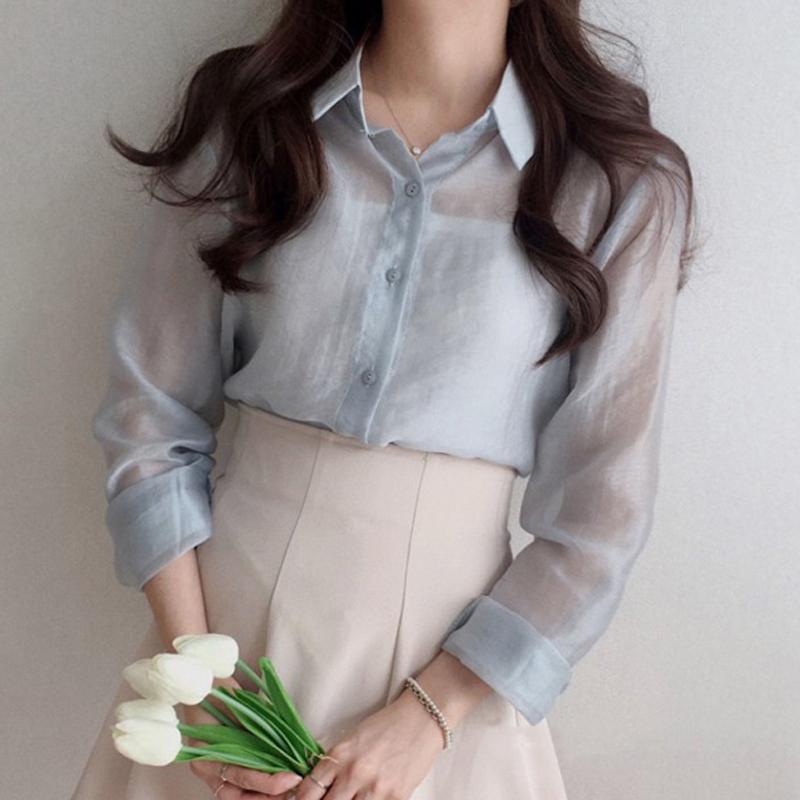 

Women's Blouses & Shirts Tencel Cotton Women 2021 Feminine Blouse See Through Tops Long Sleeve Casual Ladies Lace Up Bow Clothes, White