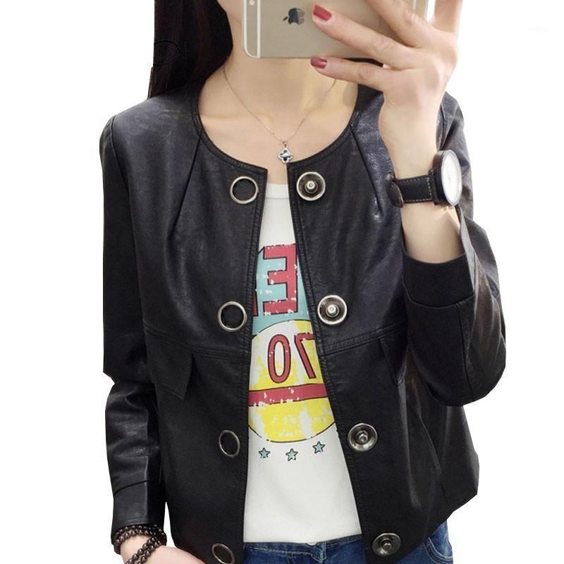 

Women's Jackets 2021 Women Leather Jacket Short Paragraph Washed Button Round Neck Black Coat Were Thin Plus Casual Ls112