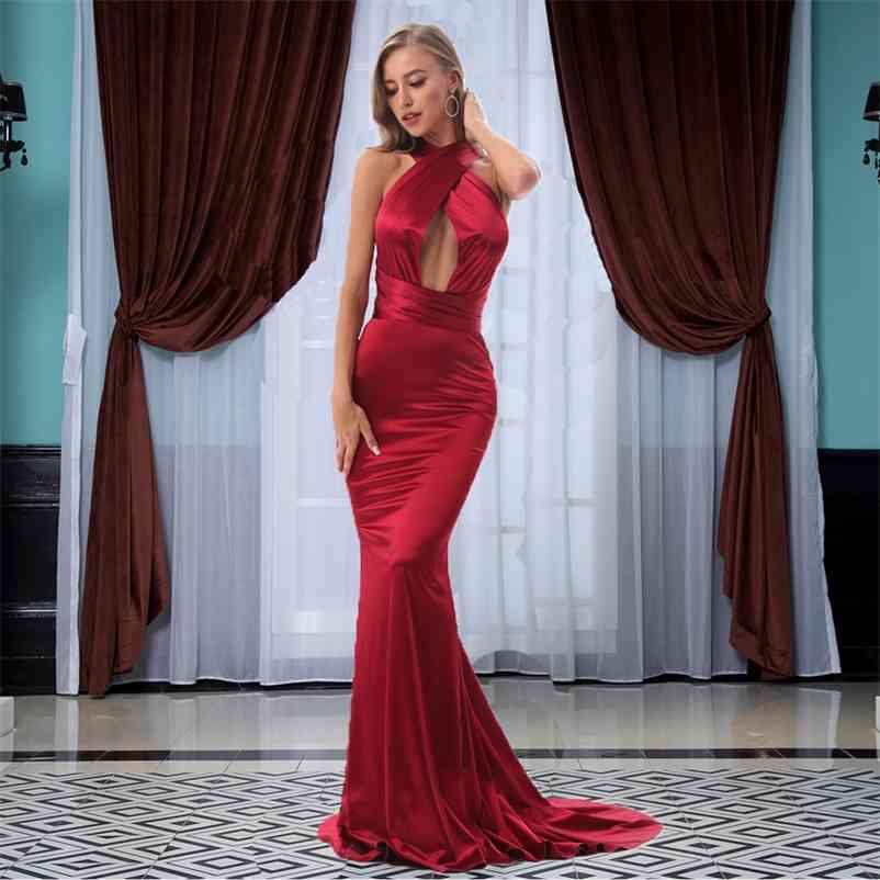 Sexy Backless Bodycon Party Halter Floor Length Maxi Sleeveless V Neck Long Stretch Satin Mermaid Dress 210331Z