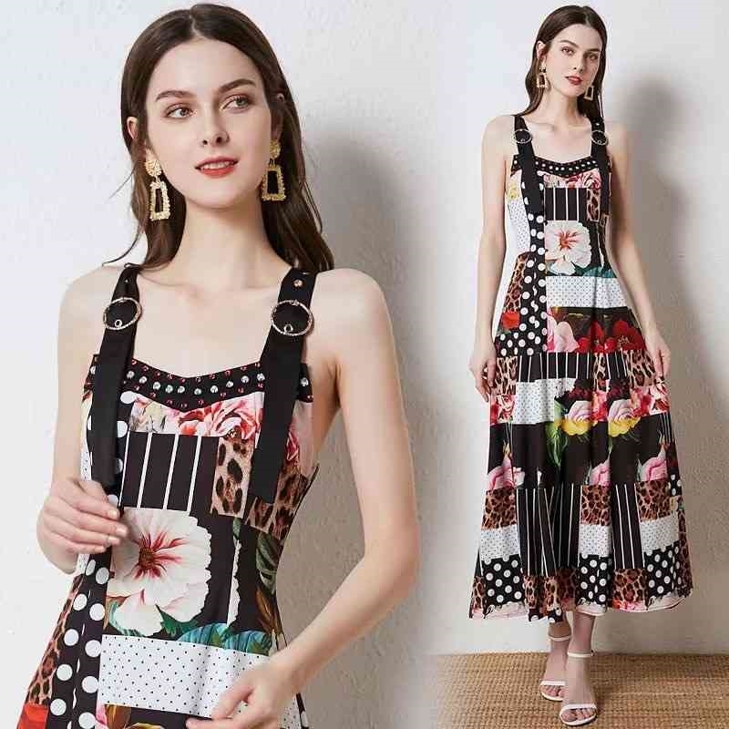 

Banulin Fashion Runway Summer Vacation Dress Women adjustable Spaghetti strap Backless Dot Leopard Vintage Print Maxi 210603, Black