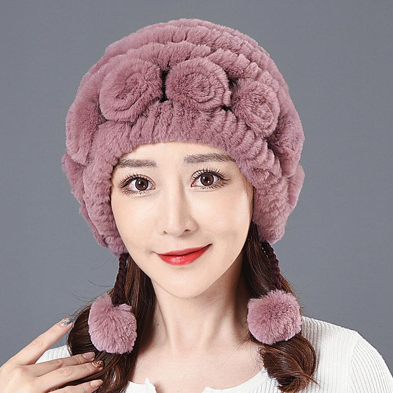 

Beanies Winter Women Flowers Striped Natural Real Rex Fur Hats Lady Warm Knit Genuine Caps Russian Outdoor