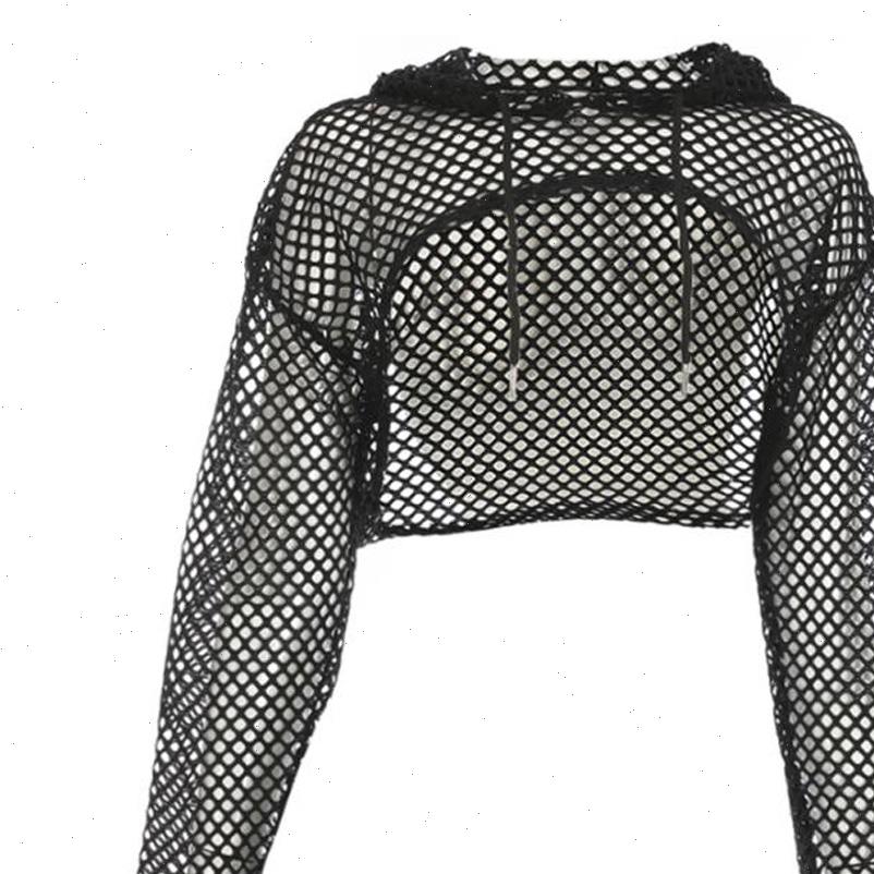 

black fishnet summer long sleeve women sweatshirt see through mesh cropped loose high low streetwear hooded sweatshirts