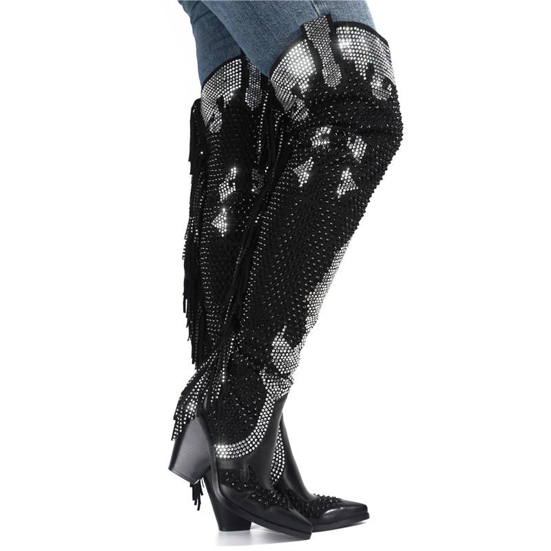 

Boots 2021 Women Rhinestone Over The Knee Winter Crystal Fringe Western Cowboy Female Chunky Heels Shoes, As shown in picture