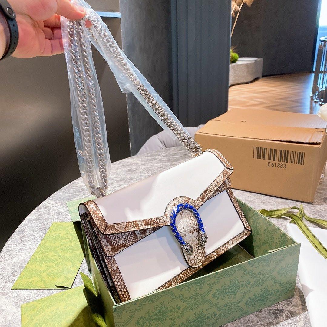 

Luxurious designer original women's bag 100% genuine leather metal chain snakeskin pattern handbag slider large size shoulder catwalk fashions bags, With box