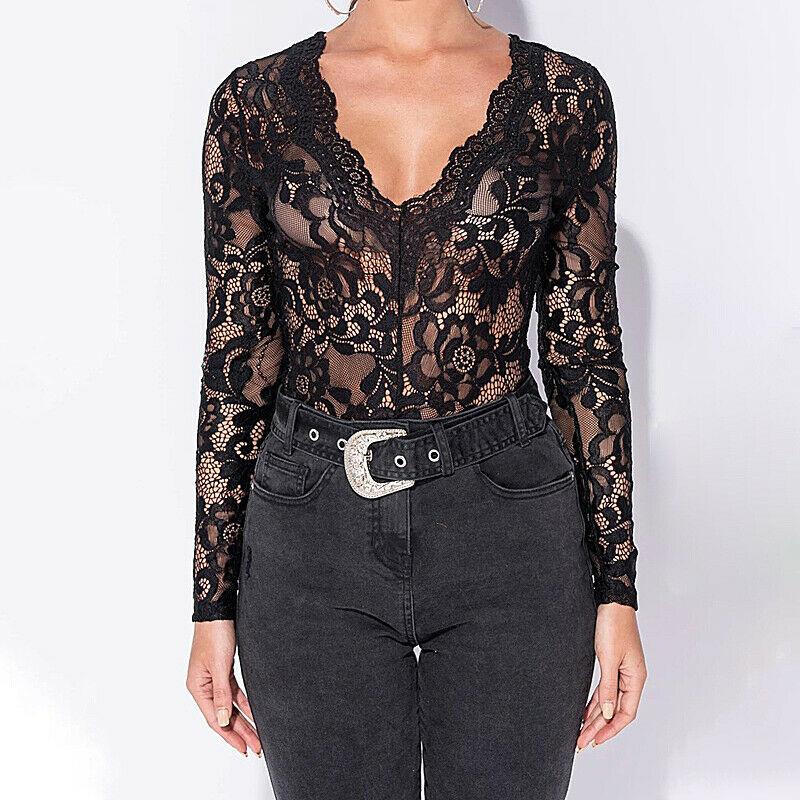 

Women' Jumpsuits & Rompers Women Playsuits Lace Long Sleeve Solid Skinny See Through Bodysuit Stretch Tops Ladies Jumpsuit Romper Sexy Deep, As pic