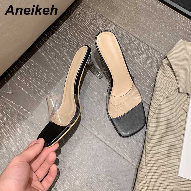 

Aneikeh Summer Fashion Women's Slippers Sexy Platform PVC Concise Jelly Shoes Thin Heels Shallow Head Peep Toe Elegant 210615, Black
