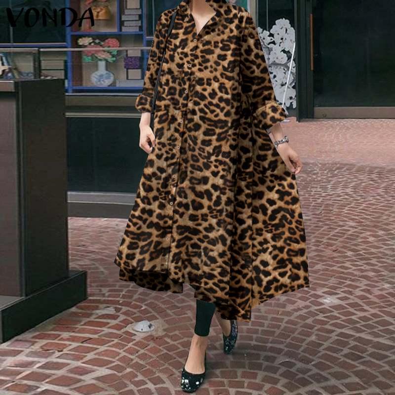 

Casual Dresses Leopard Tunic Dress For Women Fashion Sundress Long Sleeve Lapel Neck OL Print Holiday Party Vestidos -5XL, Khaki