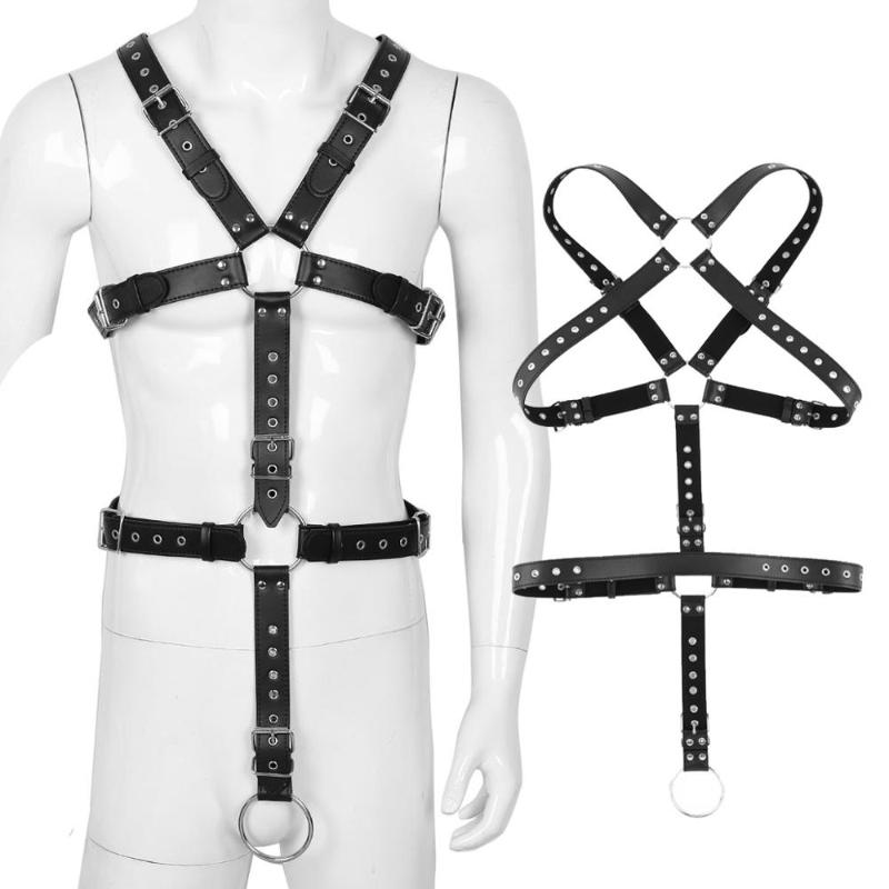 

Bras Sets Men Full Body Chest Harness Detachable Groin Straps With Metal Rings Sexy Male Gay BDSM Bondage Belt Erotic Costume, Red;black