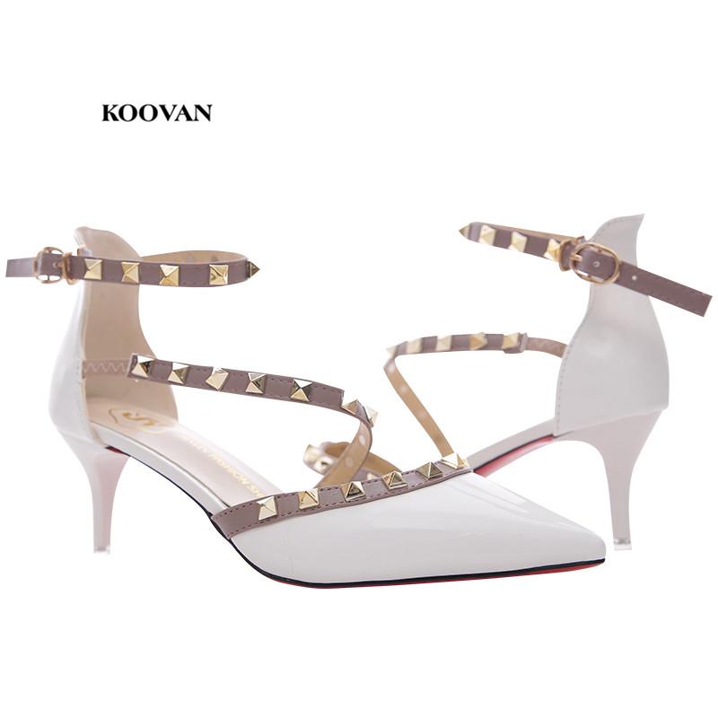 

Koovan Women's Sandals 2021 High-heeled Female Pointed Rivets Buckle Nude Colored Patent Leather Sexy Pumps Summer Shoes, Black